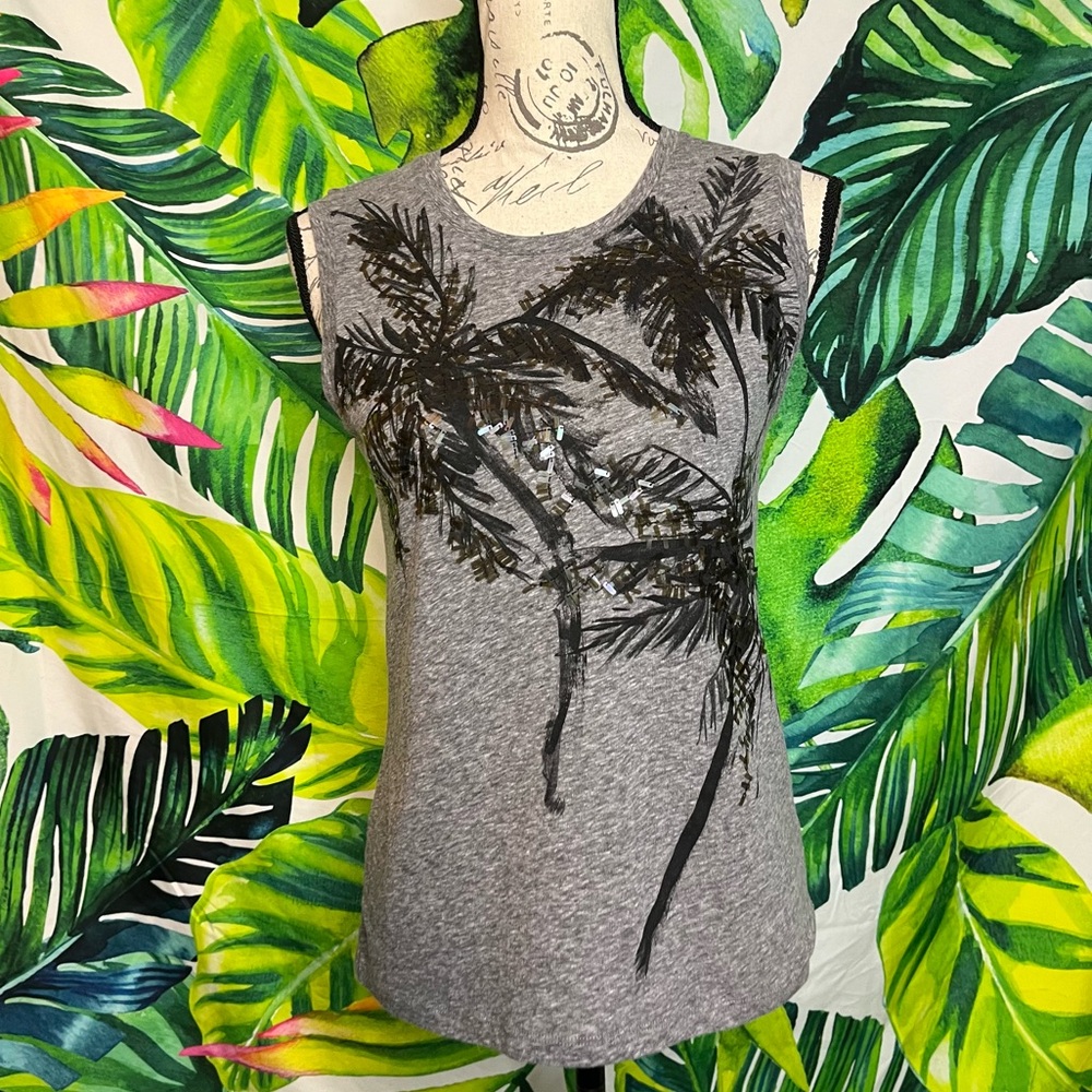 J.Crew XXS/XS Grey Black Palm Tree Sequin Embellished Preppy Summer School Beach